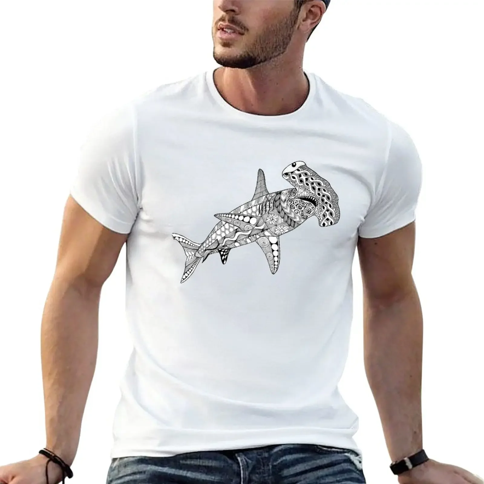 Black & White Hammerhead Shark T-Shirt summer top korean fashion boys whites workout shirts for men