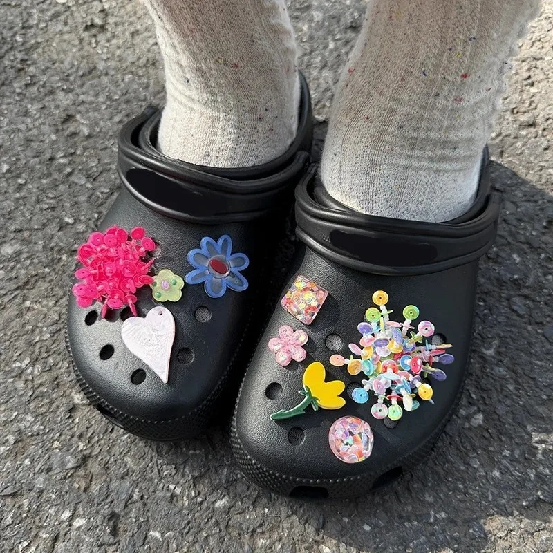 Colorful Sequins Flower Shoe Charms DIY Letter Heart Decorative Ornaments Fashion Footwear Accessories Set for Summer