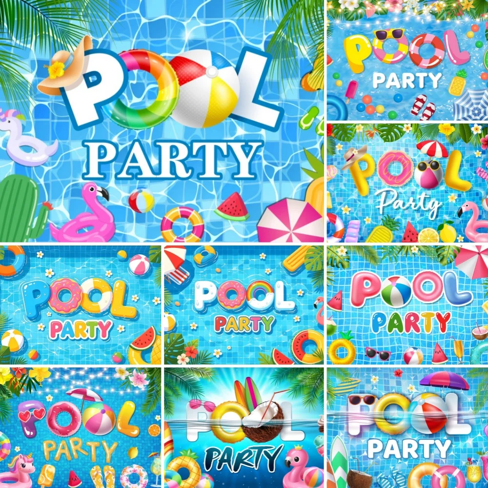 Pool Party Backdrop Summer Swimming Pool Float Ring Sunglasses Beach Ball Palm Tree Kids Family Holiday Party Shooting Props