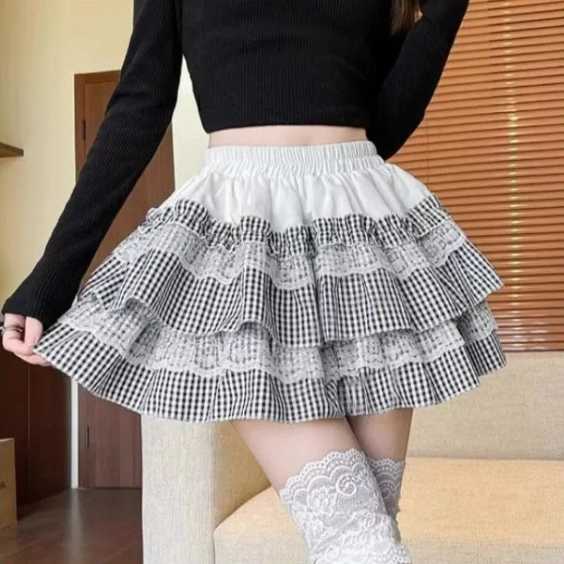 Sommer Mini Rock Frauen Kleidung Süße Jupe Patchwork Spitze A-linie Saia 2025, Faldas Mujer De Moda Hohe Taille Plaid Nette röcke
