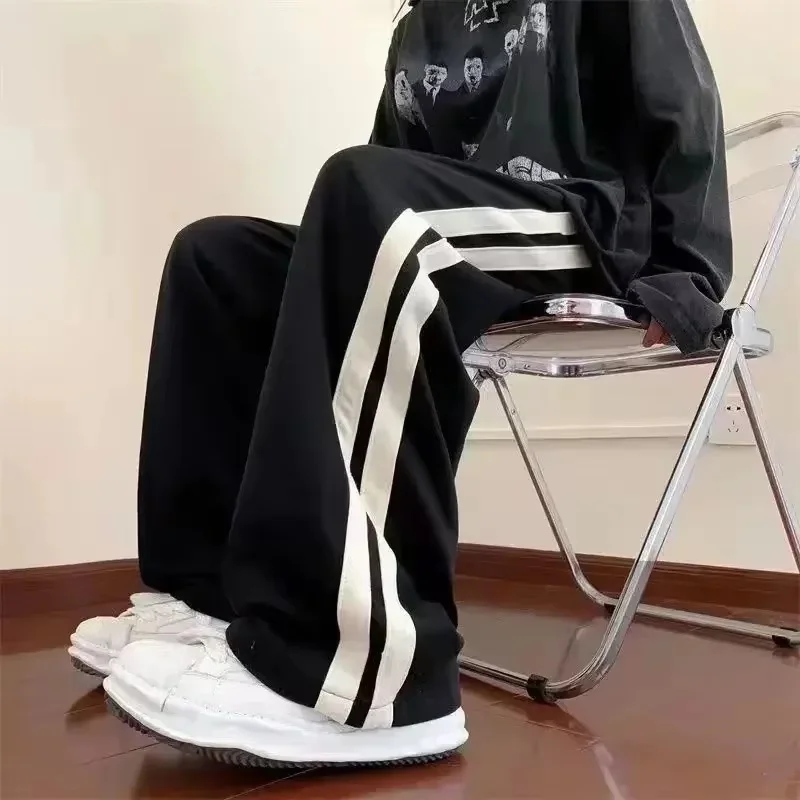 2026-27 Korean Fashion Wide Leg Pant Women Loose Casual Striped High Waist Woman Hiphop Elastic Waists Pocket Straight Pants y2k