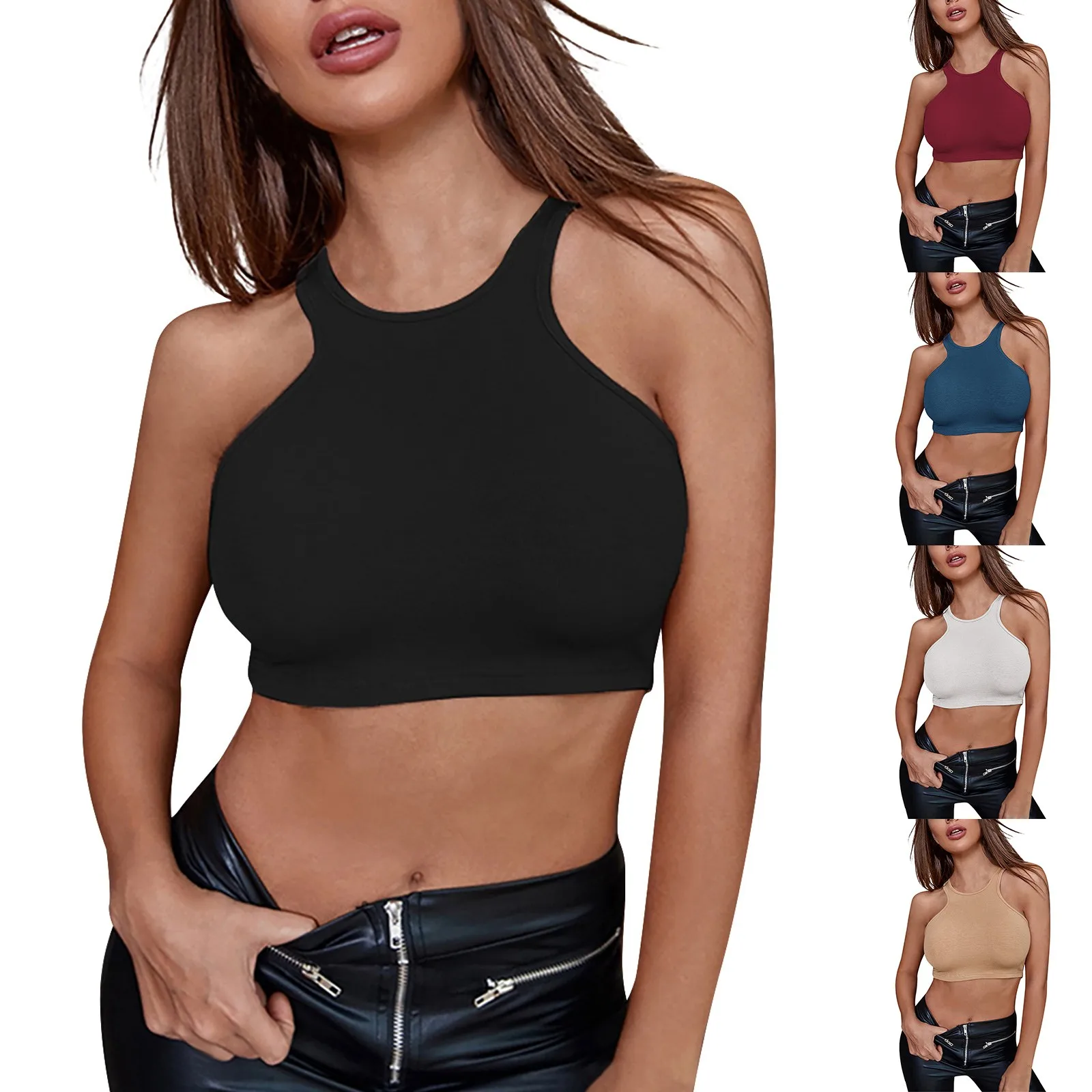 Women'S Round Neck Crop Vest Tops Solid Sexy Fashionable Sports Breast Revealing Slim Fit Vest Tops Summer Bottom Tank Tops