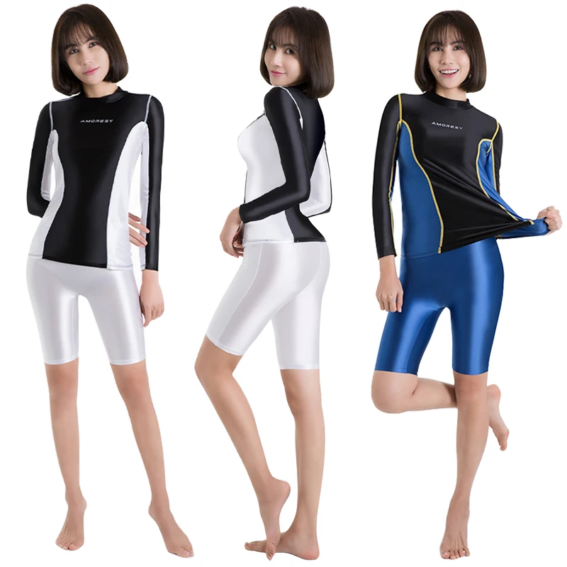 

New glossy sexy women Shiny tights Oil shiny long sleeved surfing smooth swimsuit colorblock plus size MEN Zentai Slim fit Suit