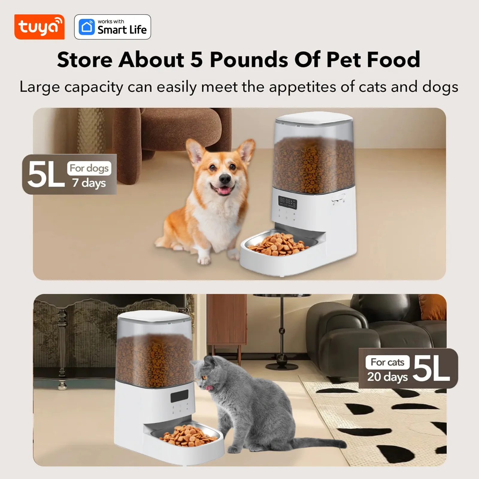 5L Automatic Cat Feeder with Button, Pet Feeder with 10s Meal Call,Timed,Low Food Alerts, Dual Power Supply,Desiccant Bag-Single