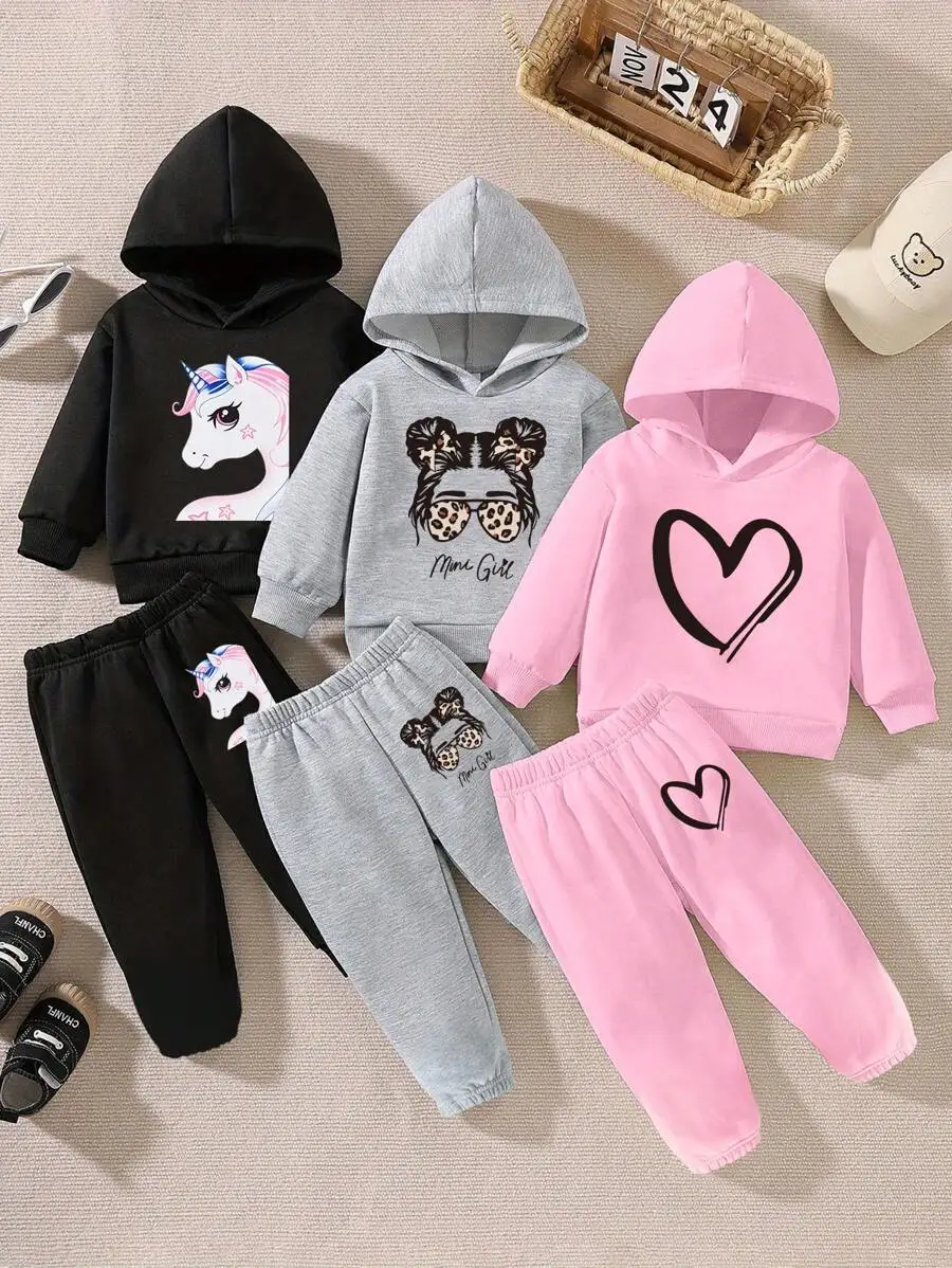 

3-Piece Toddler Hoodie & Pants Set, Unicorn, Heart & Bow Print, Soft Cotton Blend, Casual Fall Outfit