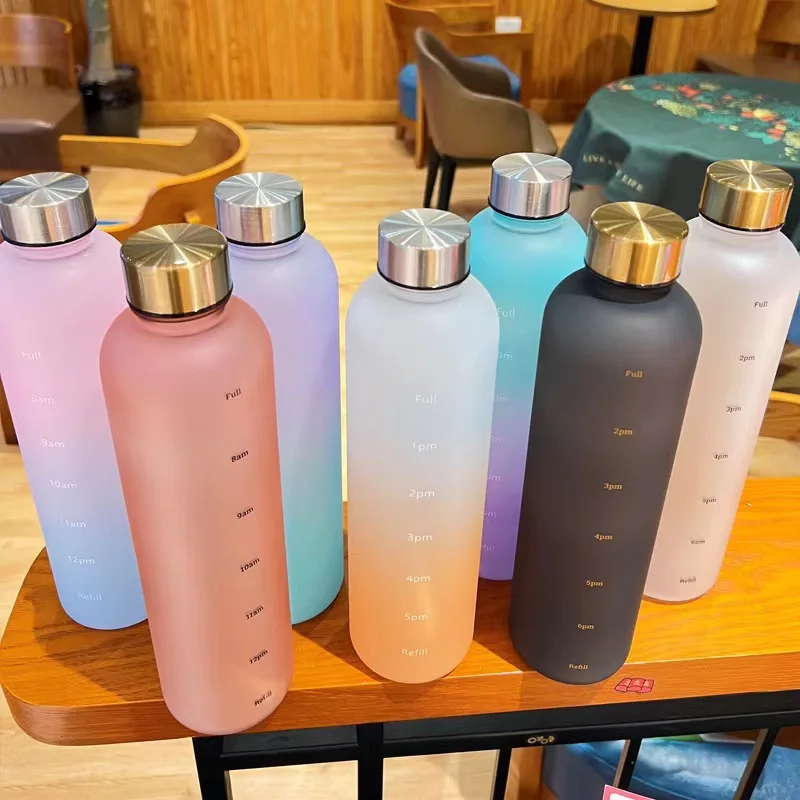 1L Gradient Water Bottle Large Capacity Frosted Kettle with Time Scale Outdoor Travel Leak-proof Water Cup Pot Lid Space Cup