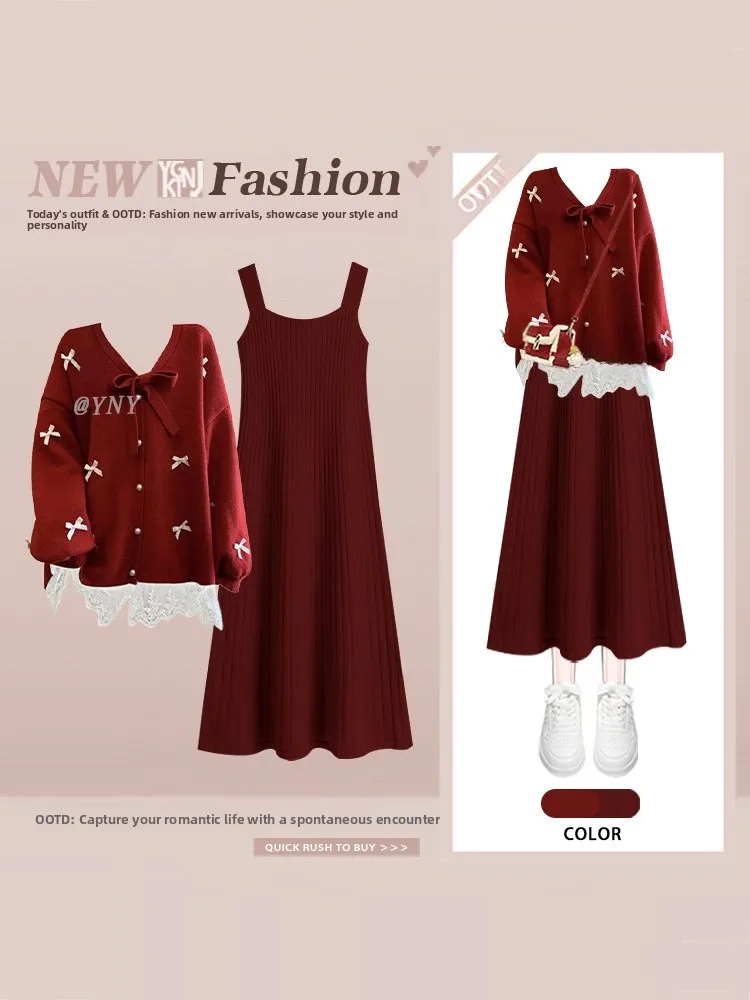 

Sweet Red Knot Lace Knitted Sweater Cardigan Winter Strap Dr Two-Piece Set French Sle Adult Women's Faion En...