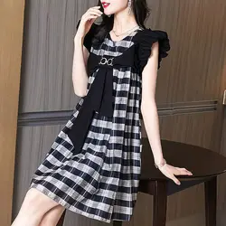 Women's Clothing Casual Sleeveless Ruffles Fashion Midi Dress Sweet Summer New All-match Plaid Bow A-Line Korean Commute Dresses