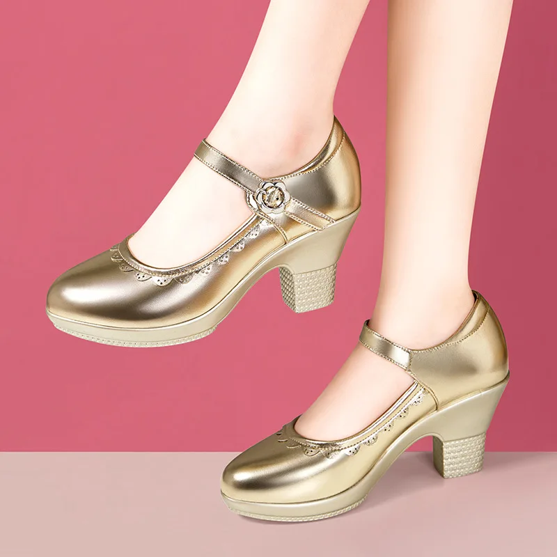 5.5cm 7cm Shallow Mouth Women\'s Soft Leather Mary Janes Platform Shoes 2026 Spring Med Block Heels Shoes for Office Dance Mom