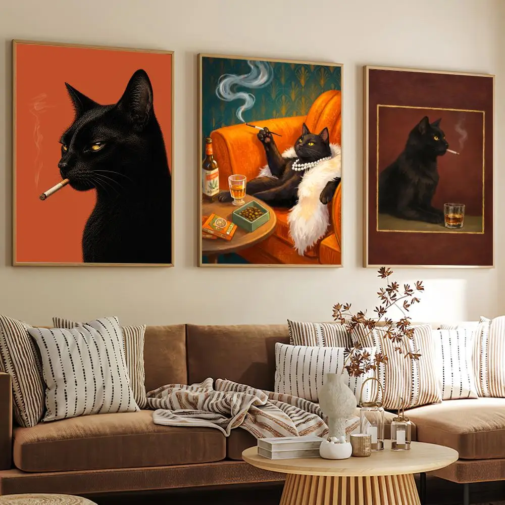 Black Cat Smoking a Cigarette Vintage Poster Decorative Wall Art Mural Stickers Home Decor Gift for Living Room & Hallway