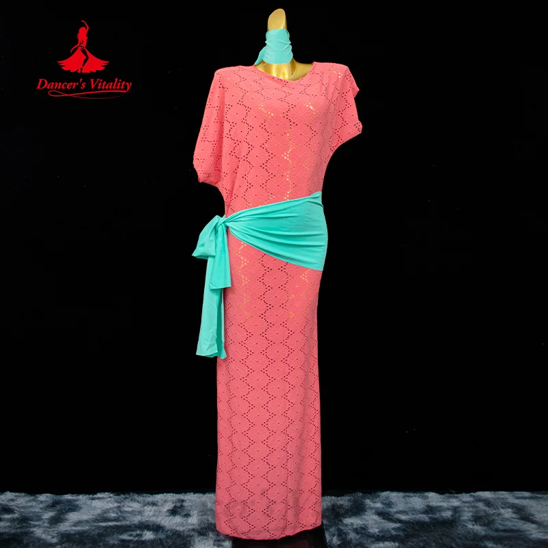Traje de dança do ventre feminino solto e elegante robe + lenço + lenço de quadril 3 peças adulto confortável roupas de prática de algodão puro