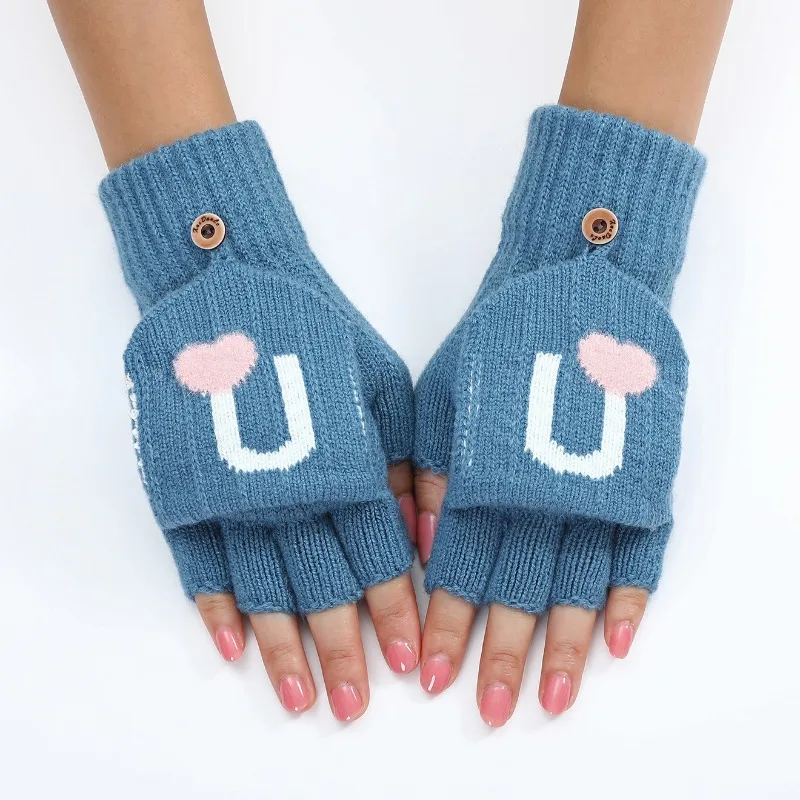 Love flip wool gloves women s autumn and winter new short sleeves bare fingers to keep warm cute fashion knitted arm cover