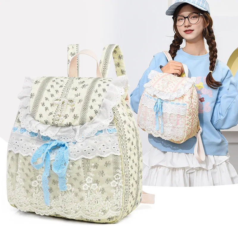 Cute Lace Bow Korean Backpack, Handmade Floral Pearl Patchwork Bag, Preppy Lolita Style Shoulder Purse For Girls Women