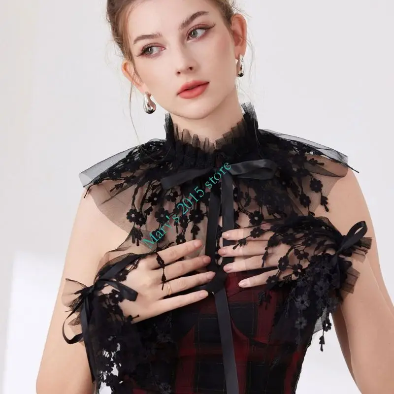 Black Detachable Collar Sleeves Set with Stand Floral Lace Detailing, Ruffled Trim Ribbon Ties and Wrist Cuffs For Clothes