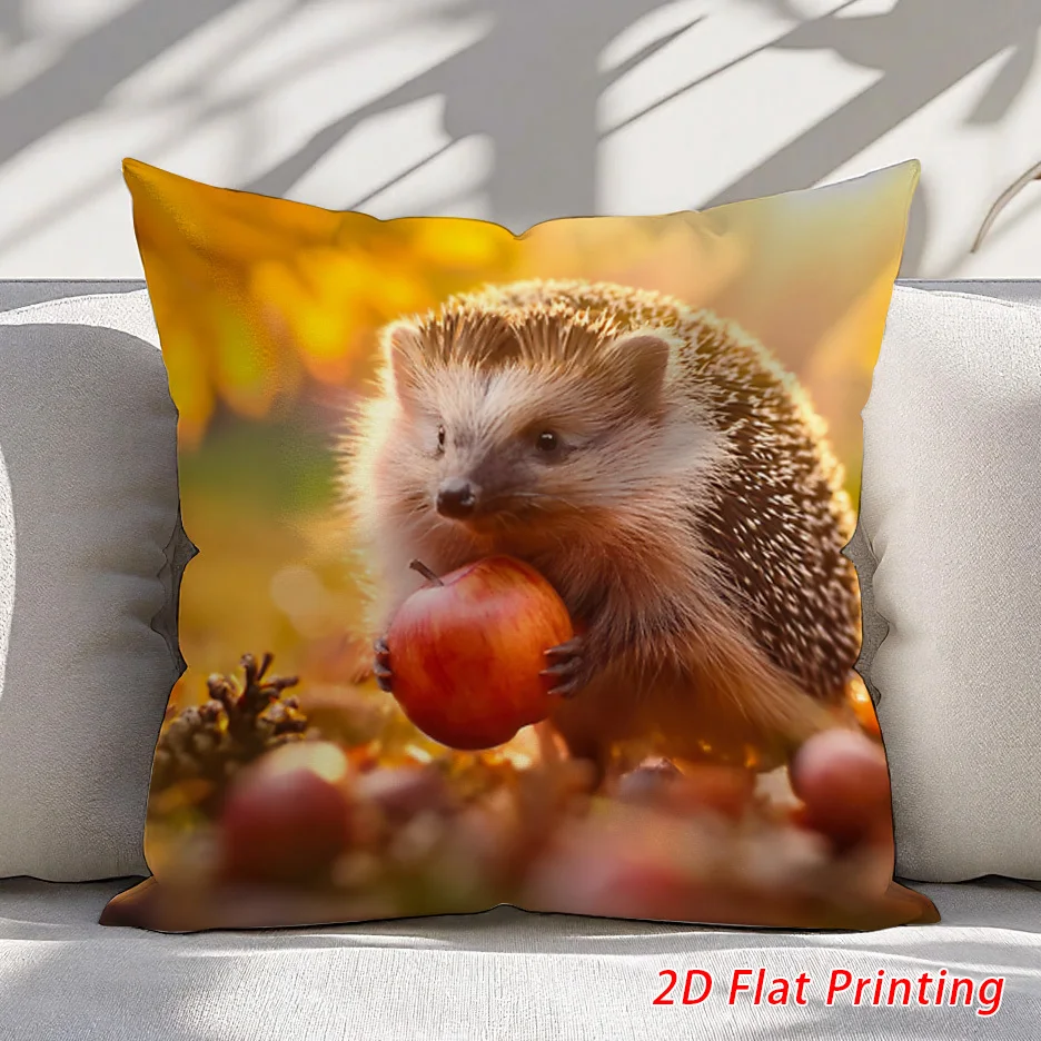 Cute Hedgehog Holding Apple Pillow Case Autumn Forest Animal Cushion Cover Cozy Living Room Decor Throw Pillow Slipcover forSofa