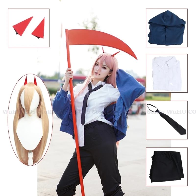 

Anime Chainsaw Power Cosplay Wig And Horns Jacket Pants Man Hammer Coat Casual Blue Kimono Uniform Outfit Women