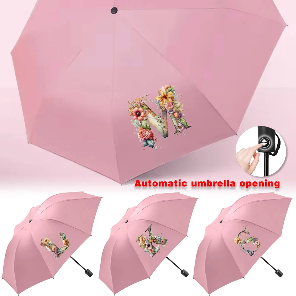 UV Automatic Umbrella Sunshade Sunscreen Rain Umbrellas Cute Print Outdoor Picnics Hiking Tours Travel Essentials Floral Letter