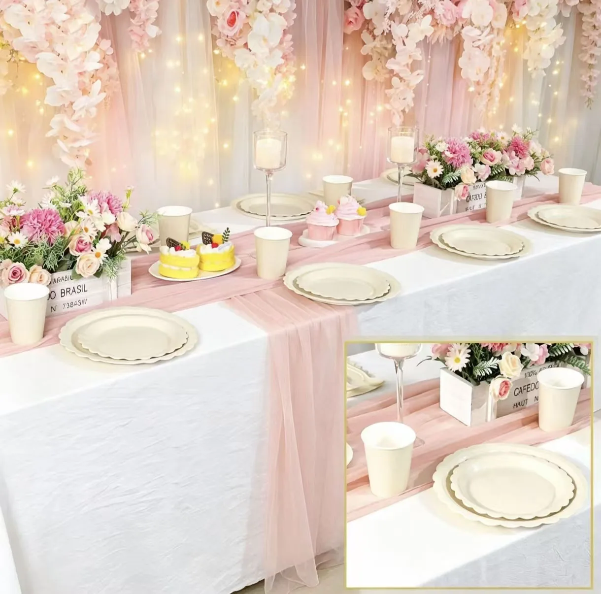 Off White Biodegradable Paper Tableware Set for Weddings and Engagements Decoration for Children Birthday Parties baby Shower