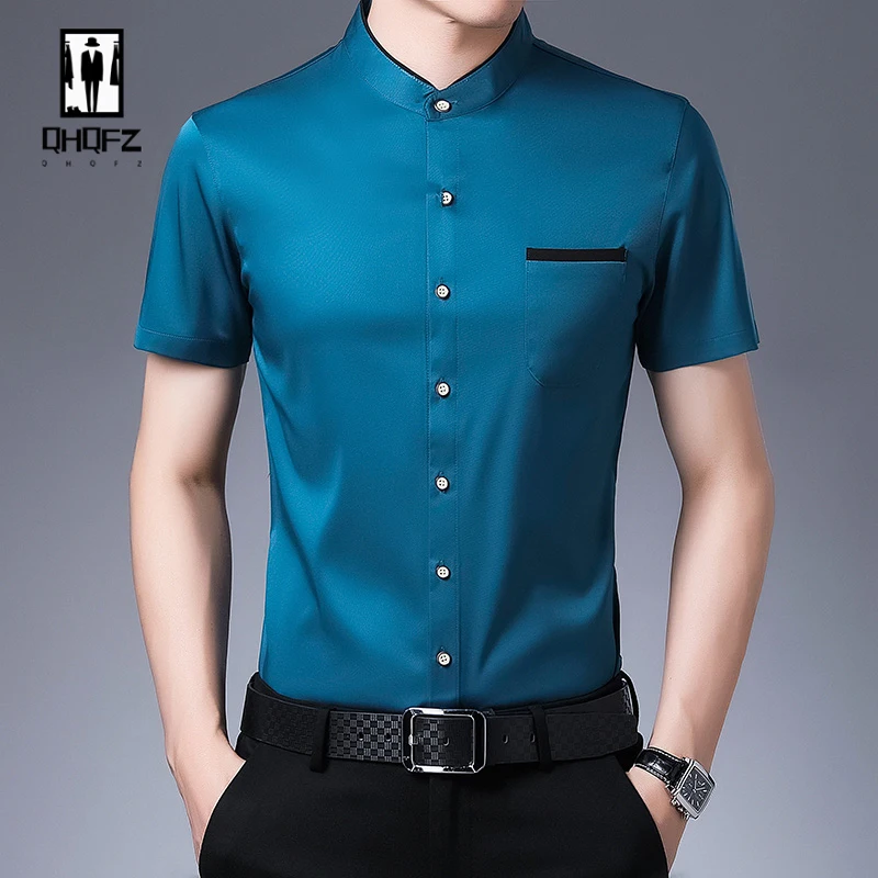 

Men's Short Sleeved Standing Collar Shirt Casual Breathable Slim Fitting Fashionable Top