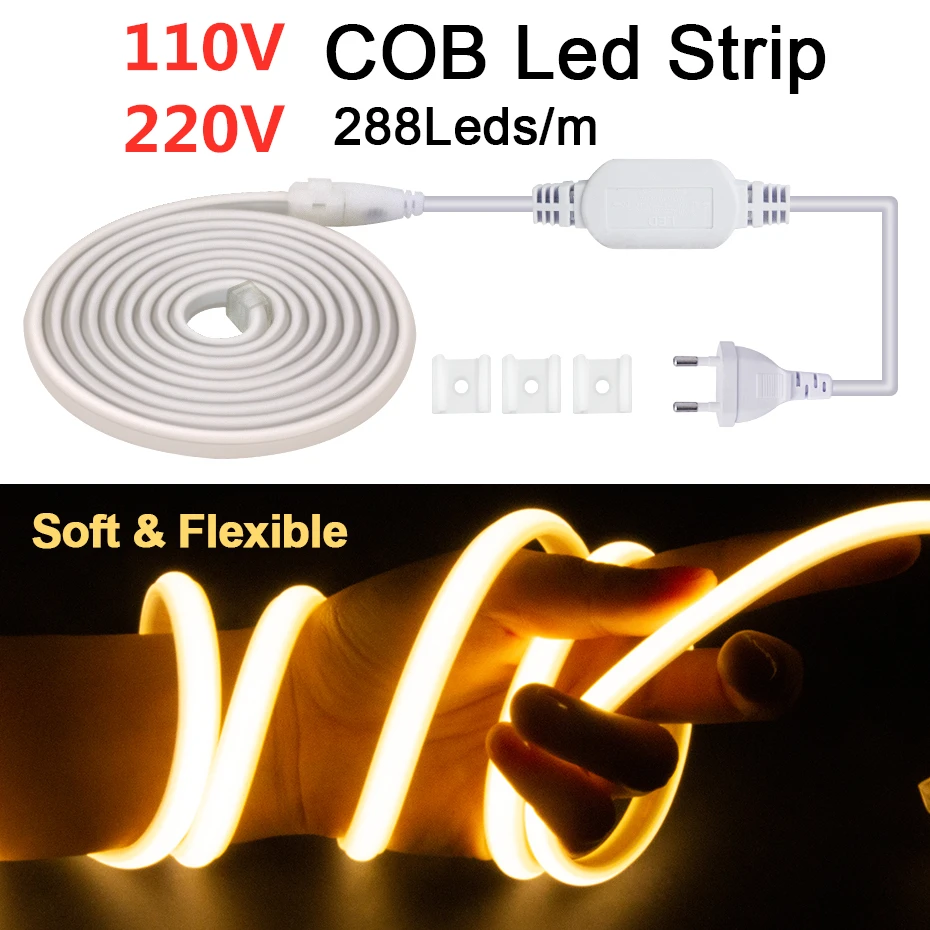 

110V 220V COB LED Light Strip High Brightness 10m 20m 30m 50m 288Leds/m Flexible Led COB Tape Lighting For Indoor Outdoor Decor