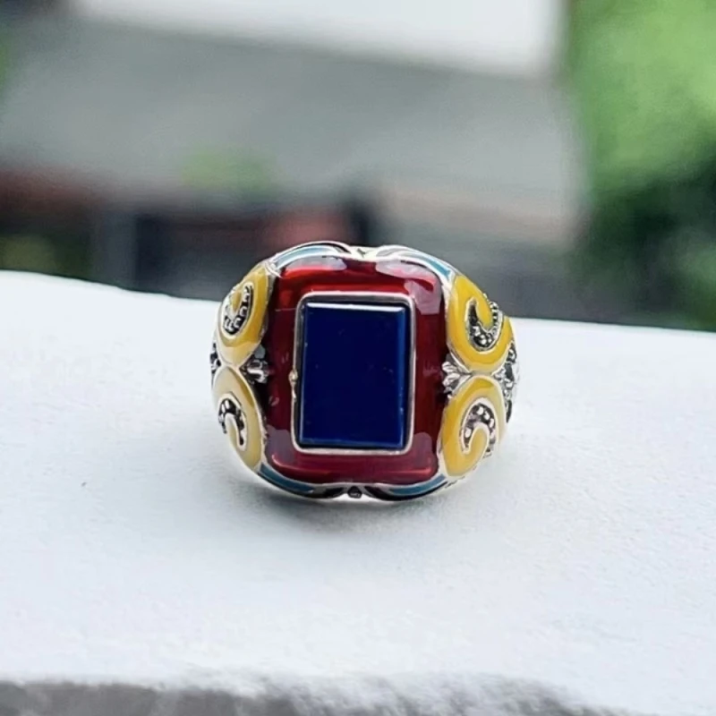 

Real Solid 925 Sterling Silver Band Men Women Lapis Lazuli Square Enamel Ring