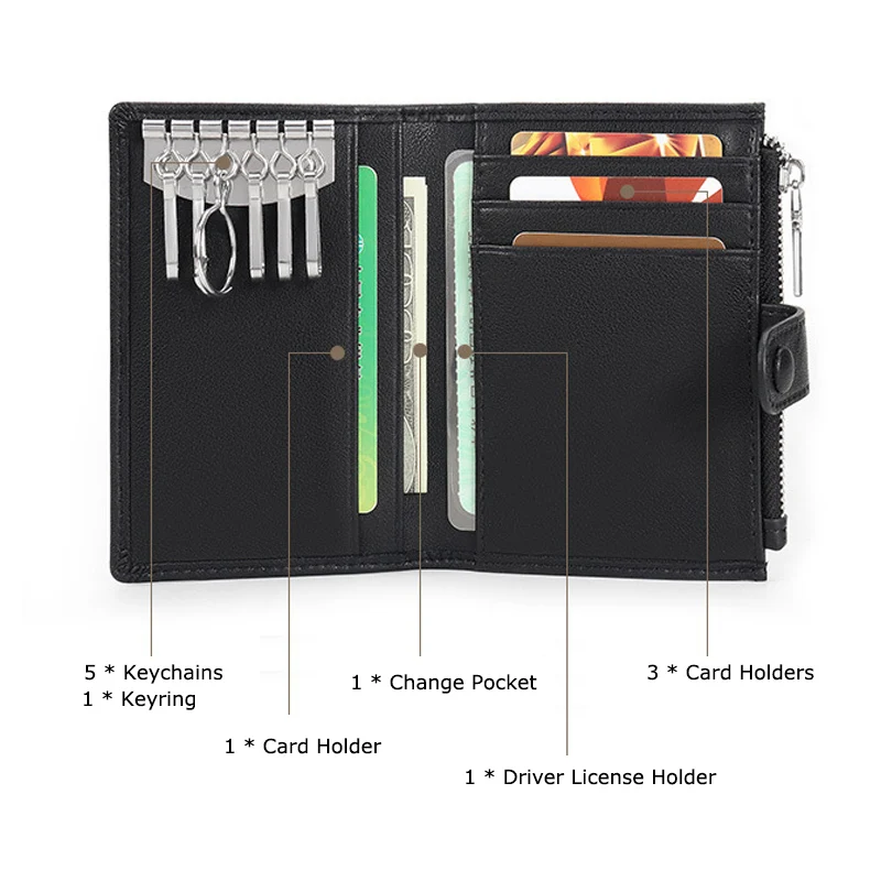 남성용 정품 가죽 키 정리 카드 홀더 키 체인 키 지갑, 짧은 소형 남성 클러치, 지퍼 동전 주머니, 슬림 지갑