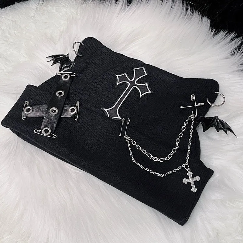 Punk Cat Ear Hat Cross Chain Wool Hat Y2k Little Devil Thermal Hat