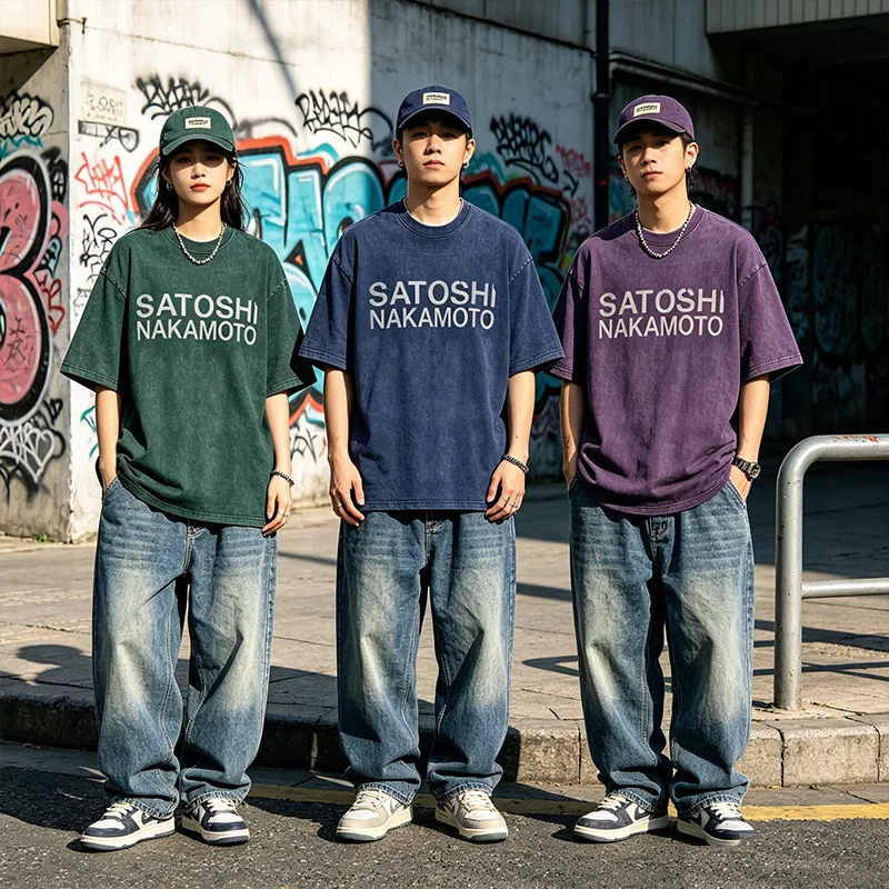 Real Photos American Hip-hop Street SATOSHI Tshirts Heavy Industry Washed Black Round Neck Short Sleeve Men Women Oversize Top T