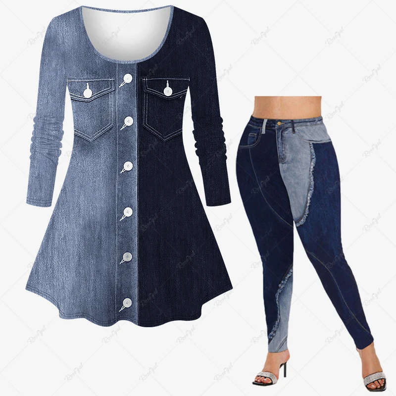 Casual Matching Set for Women 3D Buttons Pockets Distressed Denim Two Tone Patchwork Print Long Sleeves T-shirt Or Leggings