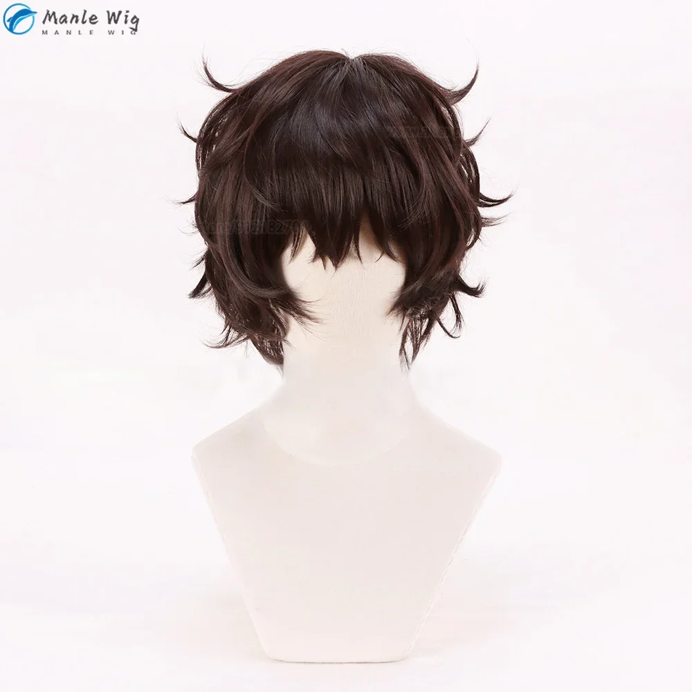 Anime Dazai Osamu Wig Cosplay Dark Brown Short Curly Dazai Osamu Cosplay Wig Heat Resistant Hair Halloween Party Wigs + Wig Cap