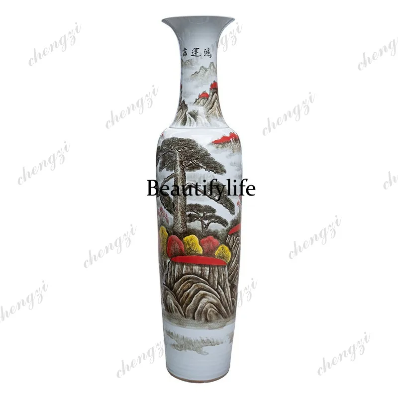 Hand-painted lucky landscape landing vase Jingdezhen ceramic Chinese living room ornament