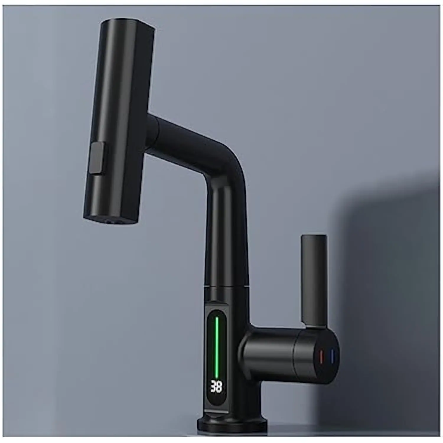 

Bathroom Sink Faucet with Led Temperature Display, Waterfall Rainfall Faucet with Pull Out Sprayer, Single Handle Liftable Basin