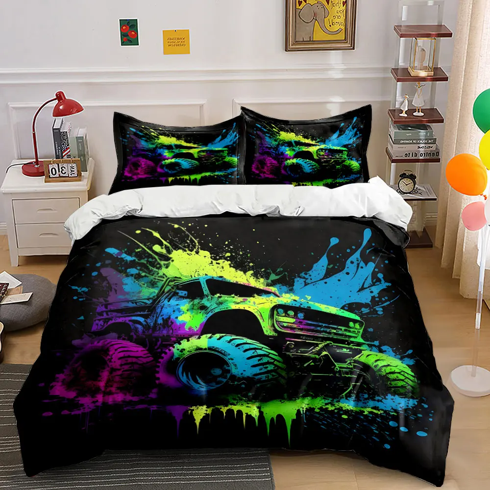 Vibrant Monster Truck Art Printed Duvet Cover Set1 Duvet Cover+2 PillowcaseMulti Size Bedroom Bedding Decor Luxury gifts