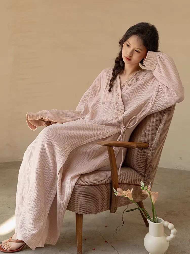 

Простая ночная рубашка с длинными рукавами в стиле ретро для женщин, весна-осень, новая свободная повседневная домашняя одежда, пижамы, женское кимоно, ночное платье, женское