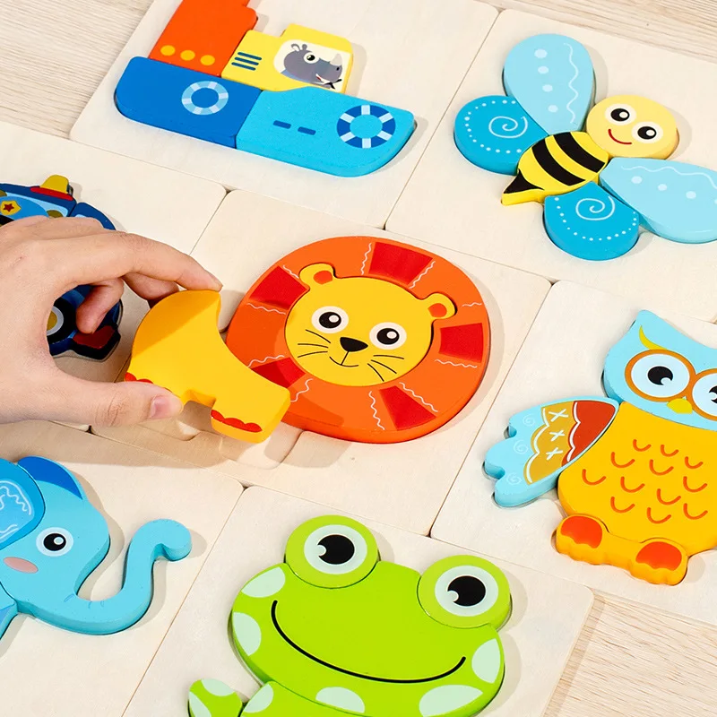 Rompecabezas de madera de 6 piezas para niños, juguete educativo Montessori, con temática de tráfico de animales Kawaii, 3D