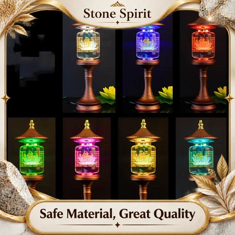 Household Seven Color Crystal Lotus Lamp, Buddha Offering Lamp, Buddha Heart Sutra LED Lamp, Feng Shui, Prayer, Safety Plug
