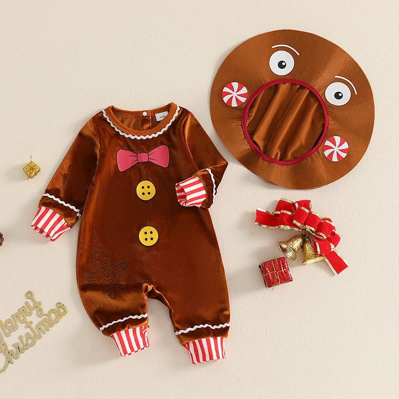 Baby Christmas Romper Set Long Sleeve Crew Neck Jumpsuit with Hat Gingerbread Man Clothes