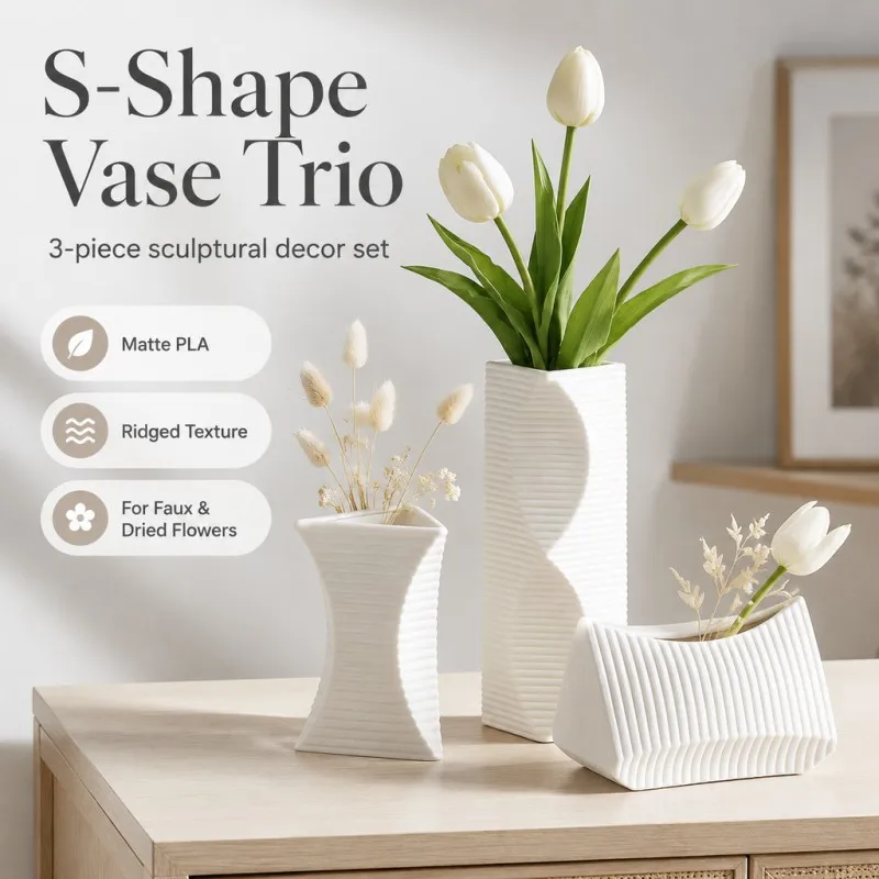 3Pcs S-Curve Horizontal Ridged Vase Trio PLA 3D Printed Matte White Vase Minimalist Nordic Decor For Tabletop, Entryway, Dried F