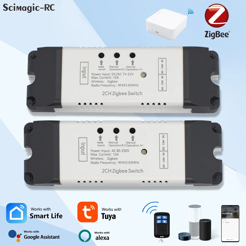 1/2CH Zigbee Smart Home Switch Module 85-250V 220V 10A 12V 24V 7-32V Relay Works Alexa Google Assistant Smart Light Garage Door
