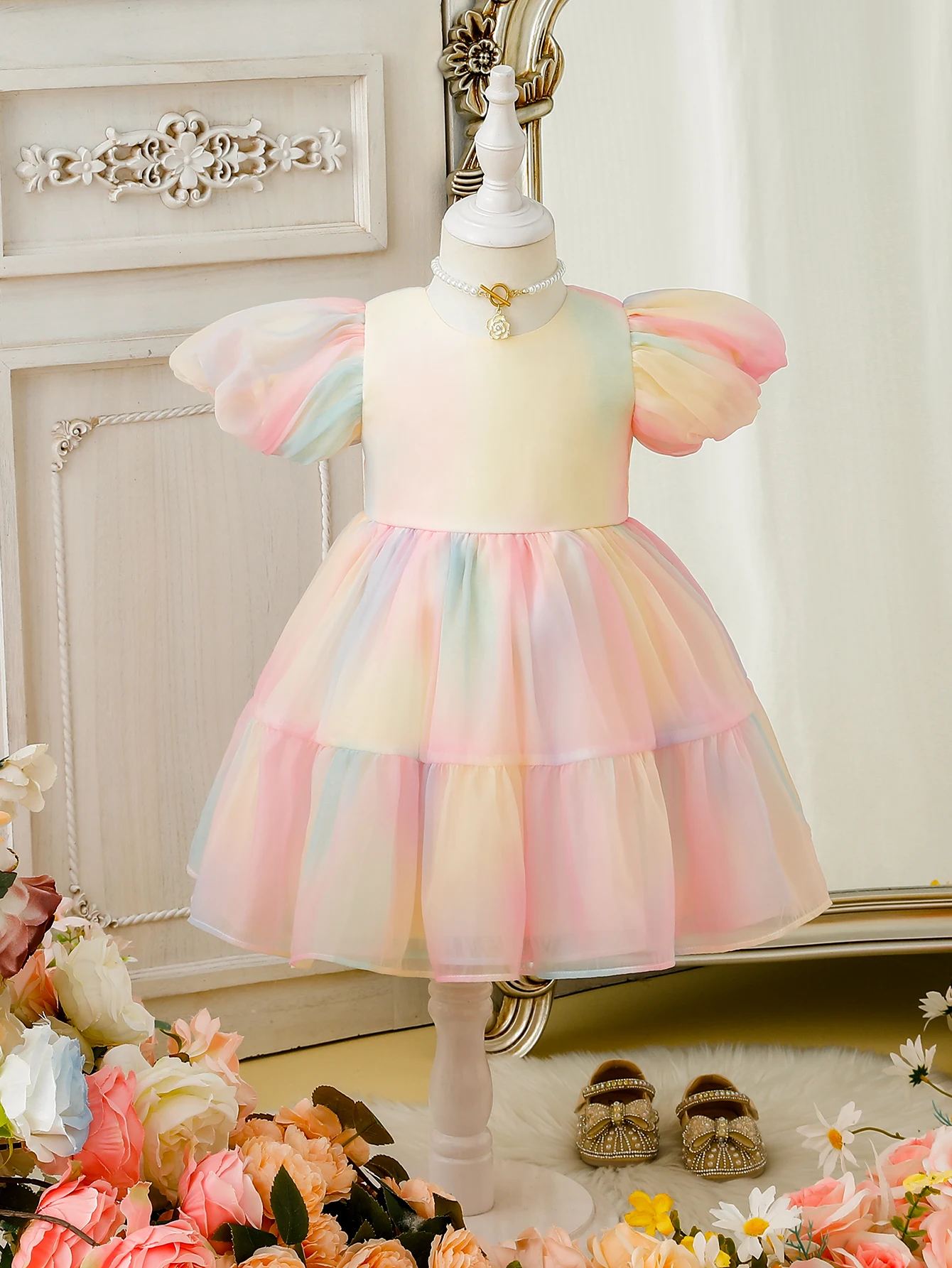 Summer New Gradient Rainbow Tulle Princess Skirt for Girls Elegant Fairy Tale Style Children's Dress