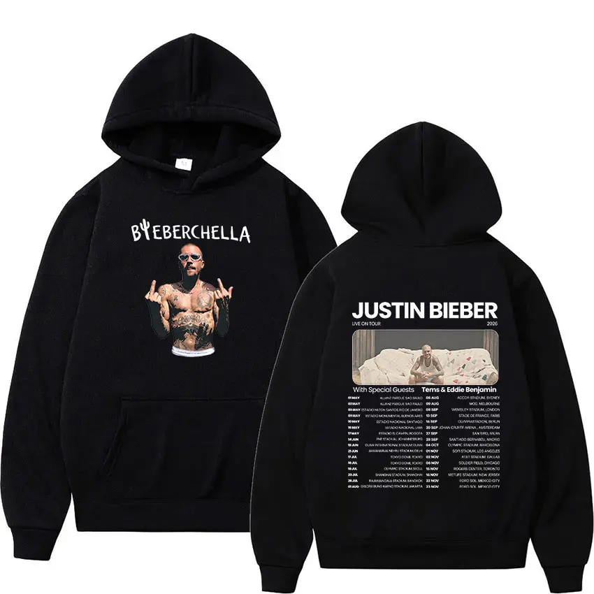 

Худи BIEBERCHELLA: Мужская толстовка в стиле хип-хоп, модный пуловер, винтажная готическая свободная одежда с капюшоном, посвященная турне Джастина Бибера 2026 года
