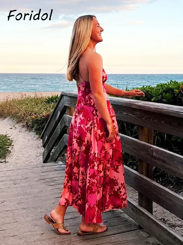 Spaghetti Strap Backless Rayon Women Red Dress Cotton Sleeveless Floral Maxi Dress Hollow Out A-line Long Boho Beach Dress 2024