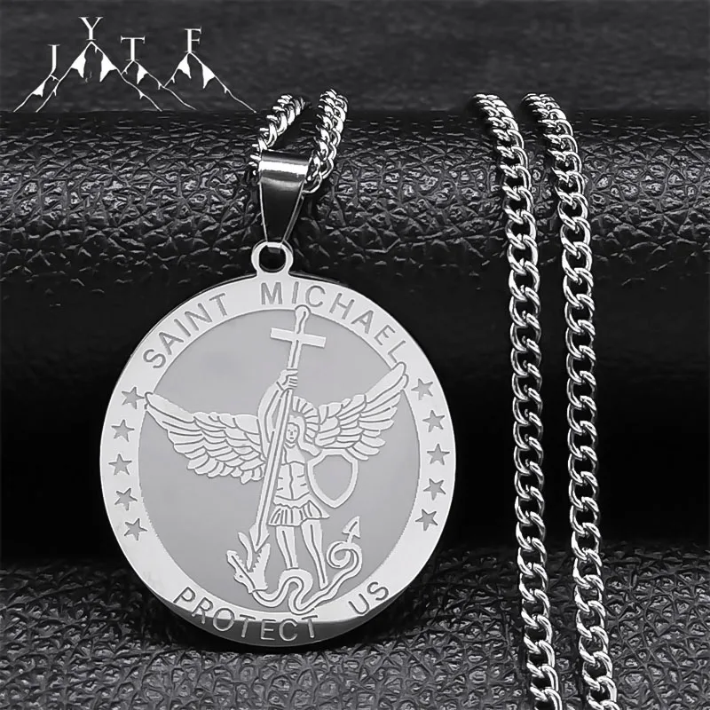 Saint Michael Protect Us Pendant Necklace for Women Men Stainless Steel Round Archangel Long Necklaces Hip Hop Jewelry N2350S05