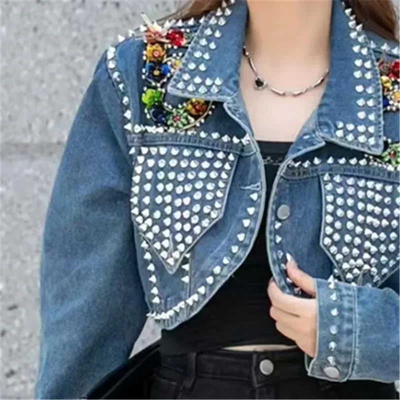 

Korean Vintage Blue Rivet Diamonds Denim Jacket Coat Women High Waisted Slim Short Cowboy Outerwear Casual Jeans Jacket Female