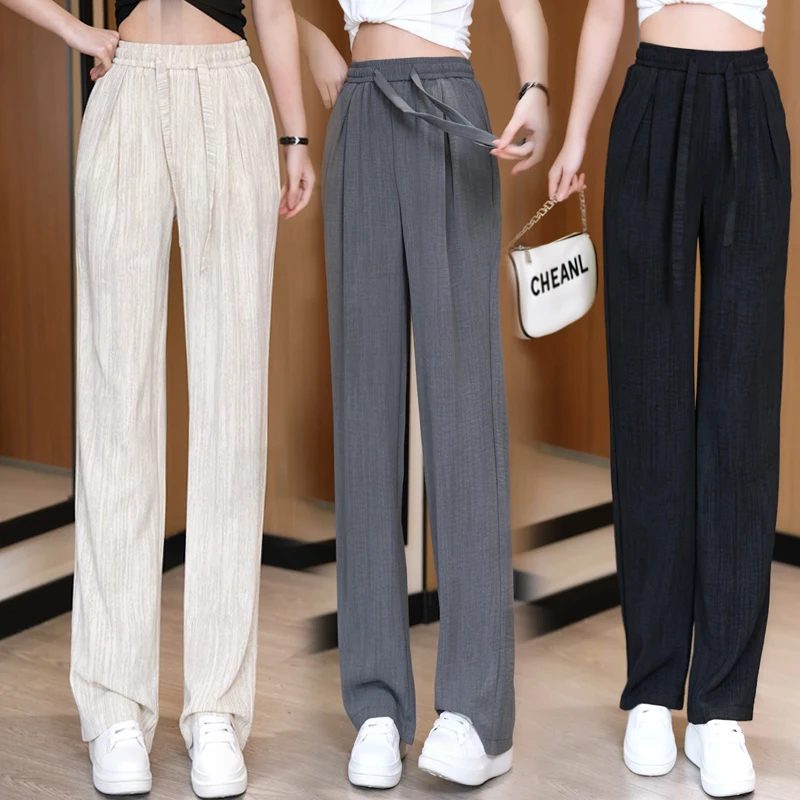 

High Waist Wide Leg Pants Women's Summer New Ice Silk Floor Length Drawstring Texture Lazy American Casual Trousers