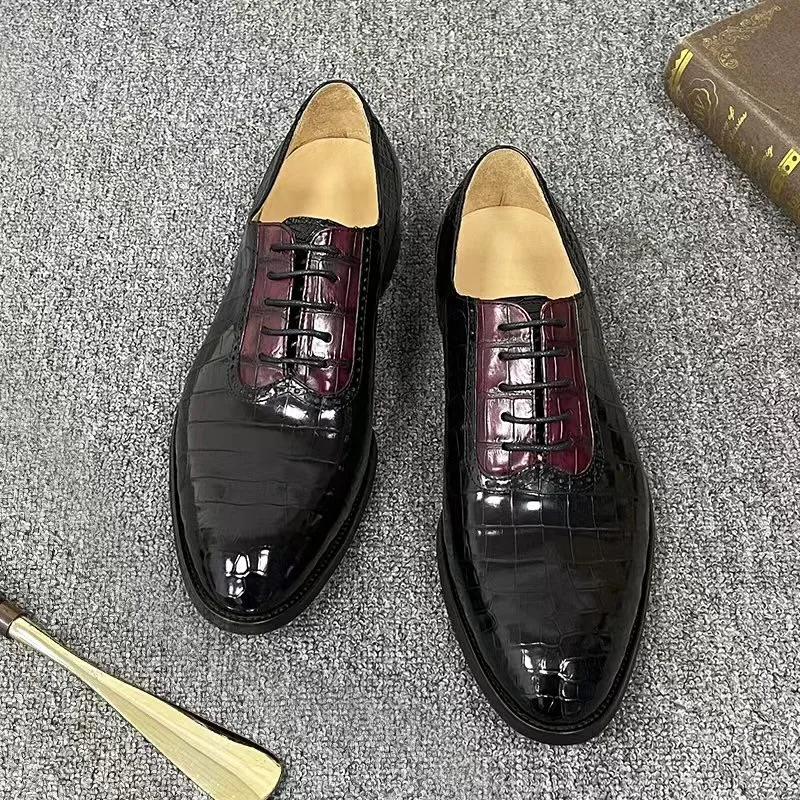 Authentic Real Crocodile Skin Black Red Mixed Color Men's Oxfords Shoes Genuine Alligator Leather Male Lace-up Party Dress Shoes