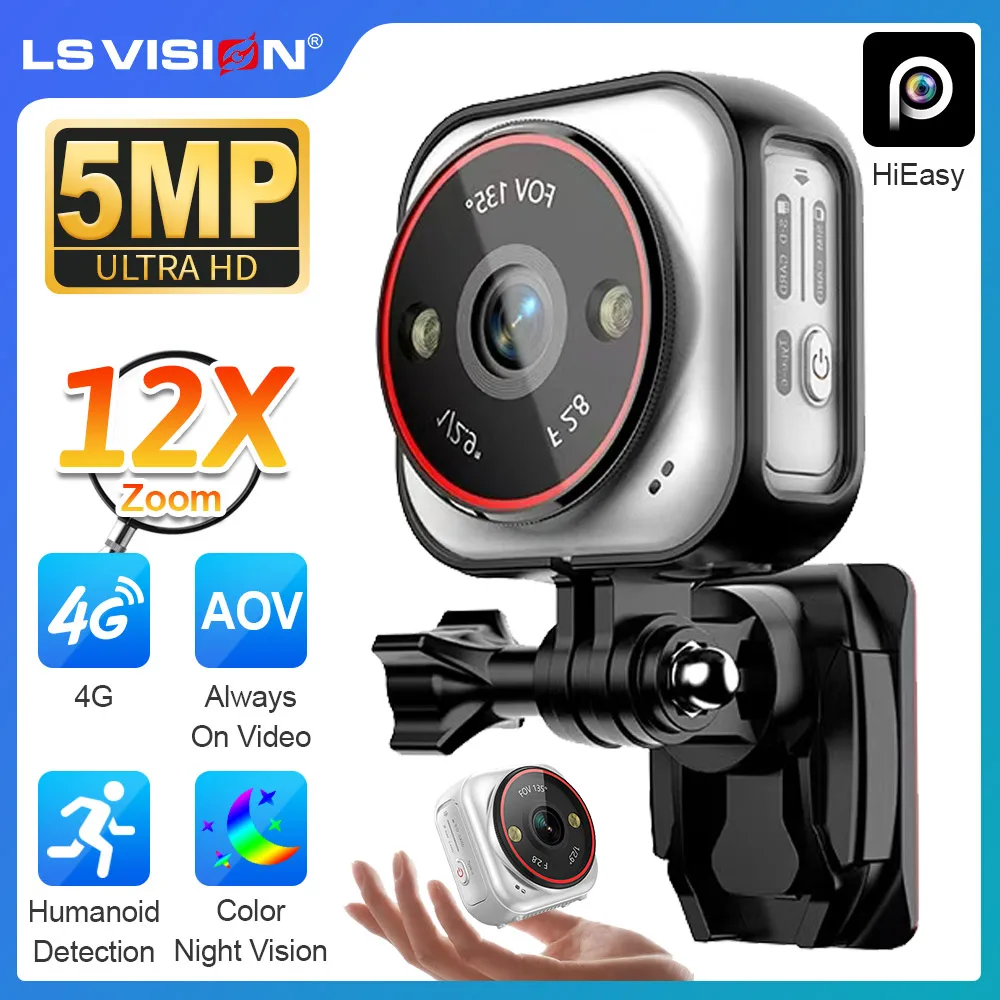 

LS VISION 5MP 4G AOV Camera 12X Zoom Action Cam 135° Wide-angle Lens Vlog Camera 2-Way Audio Waterproof Security Cameras Outdoor