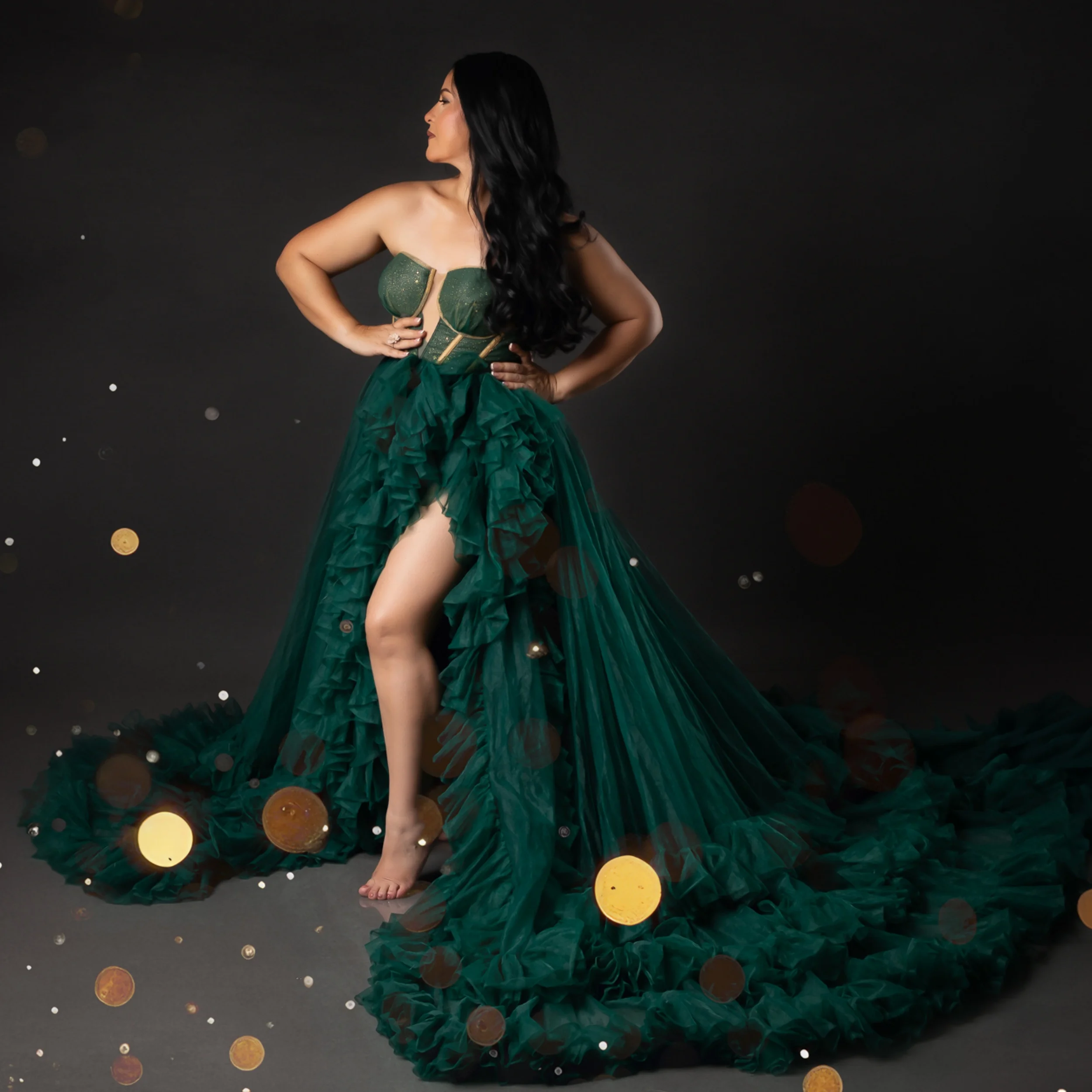 

Green Women Maternity Dress Photoshoot Customized Ruffles Prom Dress Shiny Party Wear Slit Ruched Pregnancy Babyshower Gowns
