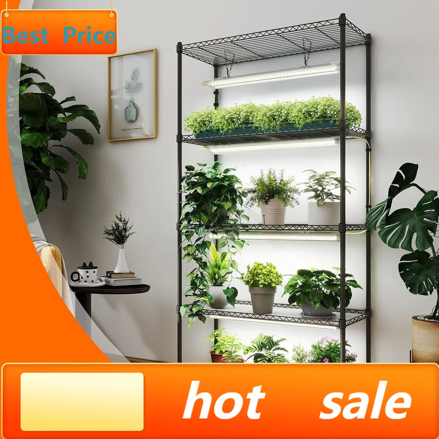 

hot-sellingPlant Shelf with Grow Lights, 5-Tier Plant Stand with T8 24W Grow Light for Indoor Plants with Wheel, 5000K Full Spec