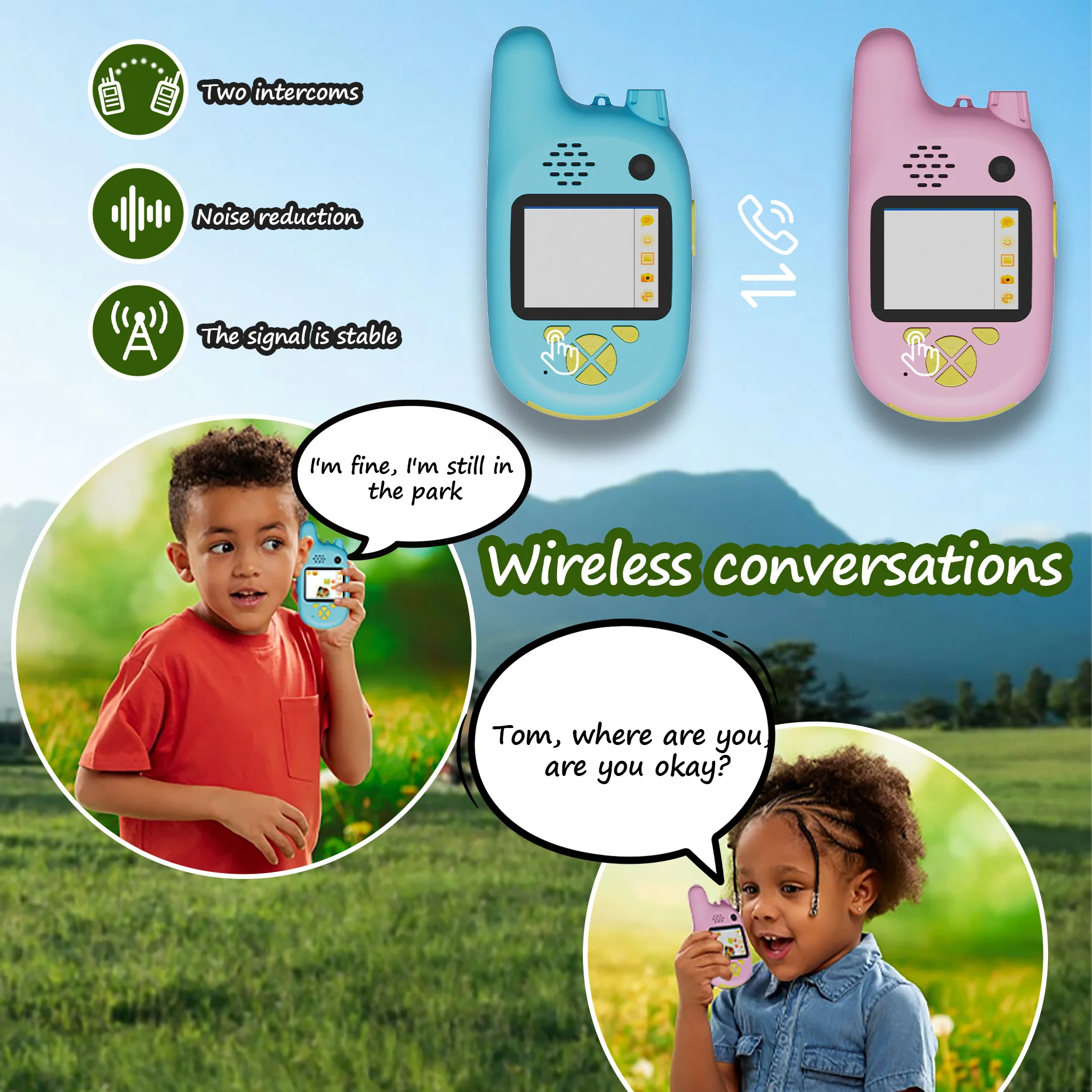 Walkie talkies para crianças, walkie talkies de vídeo infantil 2 peças com 2 peças 32 GB, talkies face a face, 70-200M, presente festivo para crianças